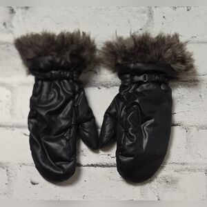 Indigo Black Faux Fur Trim Mittens Warm Winter Snow Gloves Cozy S/M